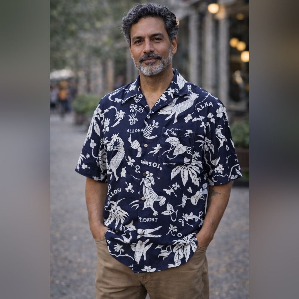 Hawaiian Vintage Collection Men’s Hawaiian Shirt Navy White Novelty Print L